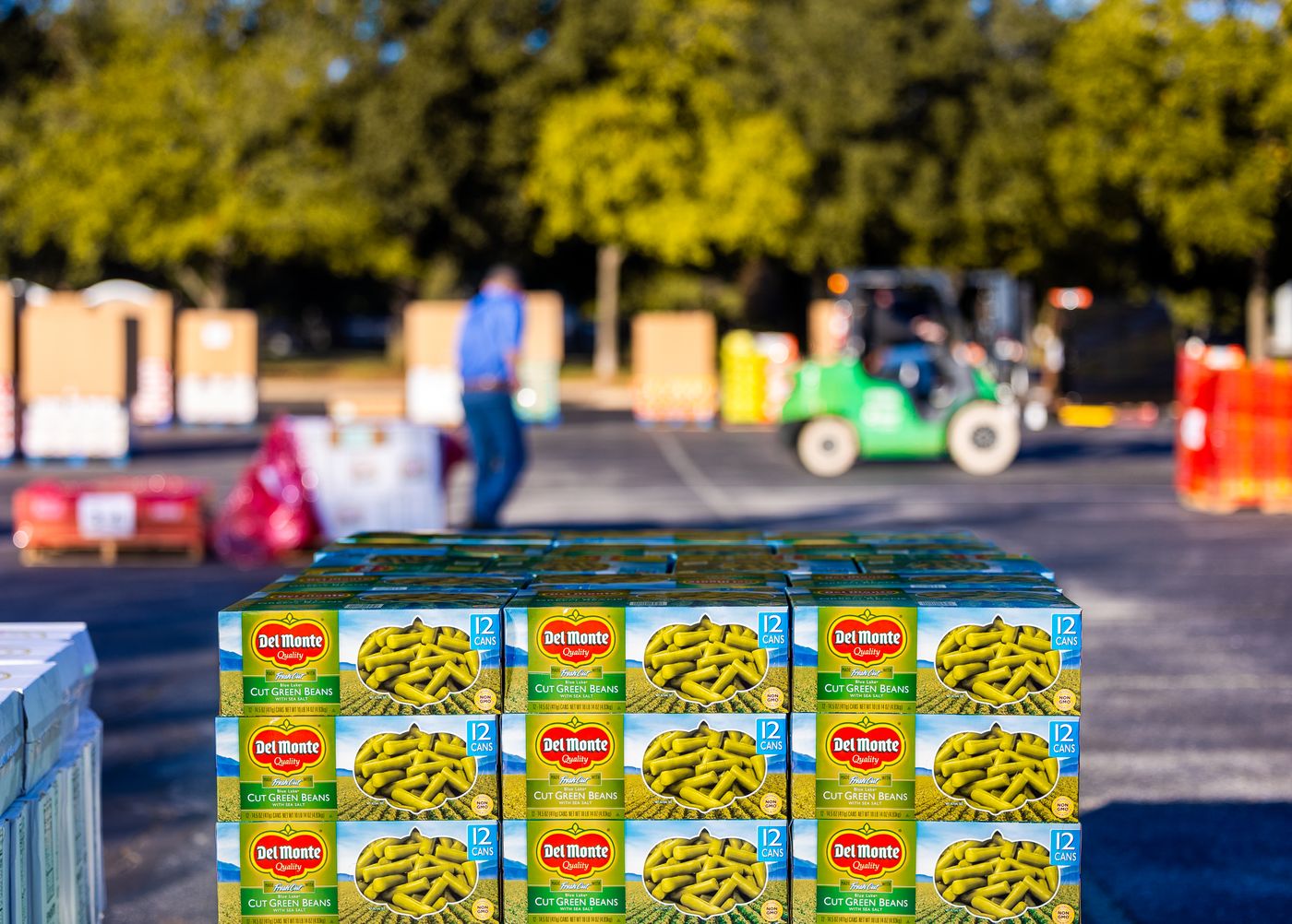 Pallet of canned goods at an outdoor food distribution dock